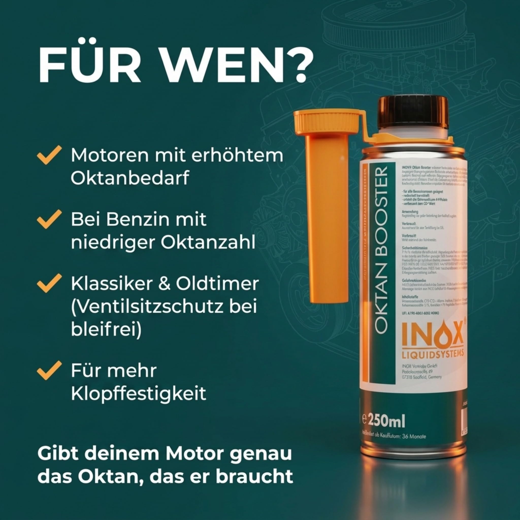 INOX® - Hochwirksamer Oktan Booster 6x250ml | Systemreiniger reduziert den Kraftstoffverbrauch | Benzin Additiv für bessere Verbrennung | Motorsystemreiniger für alle Benzinmotoren