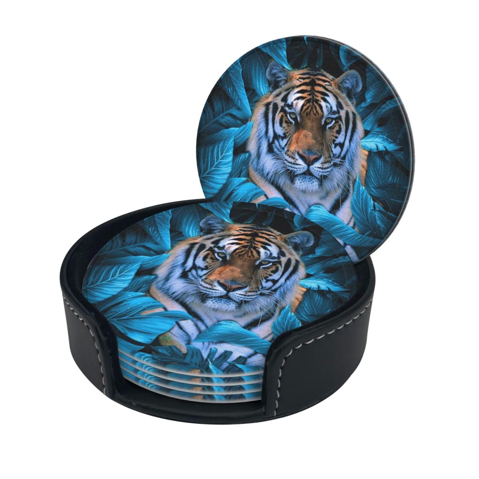 Wquvmds White African Wildlife Tiger Print Coasters For Drinks With Holder Set Of 6, Pu Leather Coasters Drink Coasters Cup Pad Mats