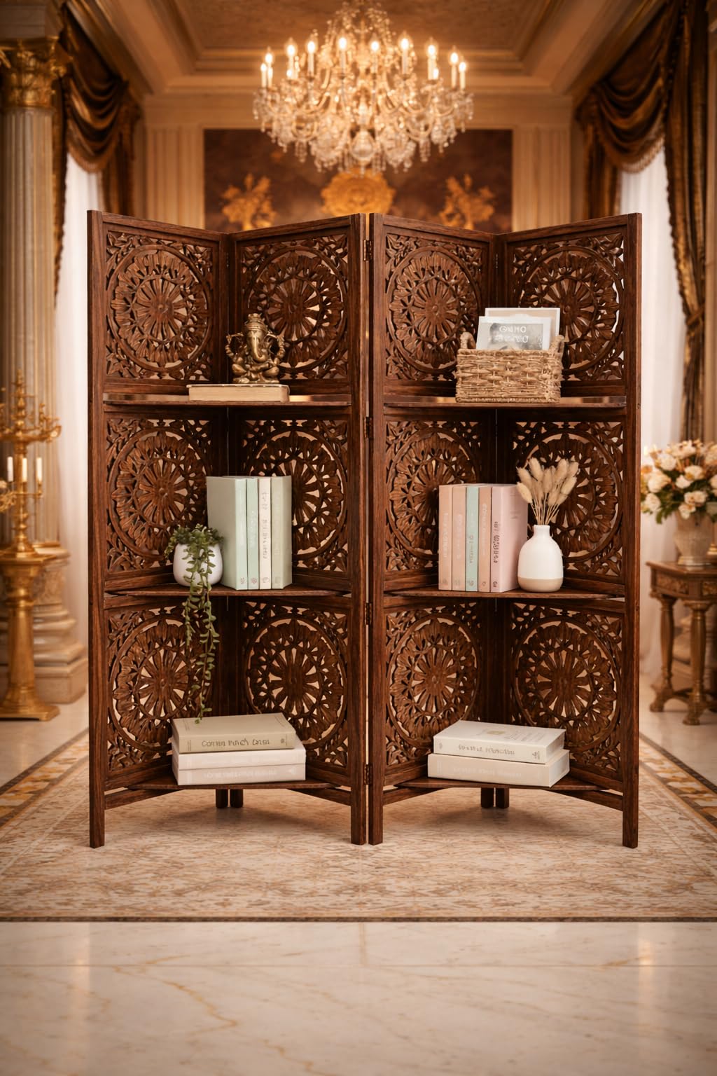 Premium White Wooden Pooja Room Divider with Display Shelves | Foldable Mandir Partition for Home Décor Living Room/Bedroom/Office (6 Feet 4 Panel Melamine Brown with Shelves)-picture-33