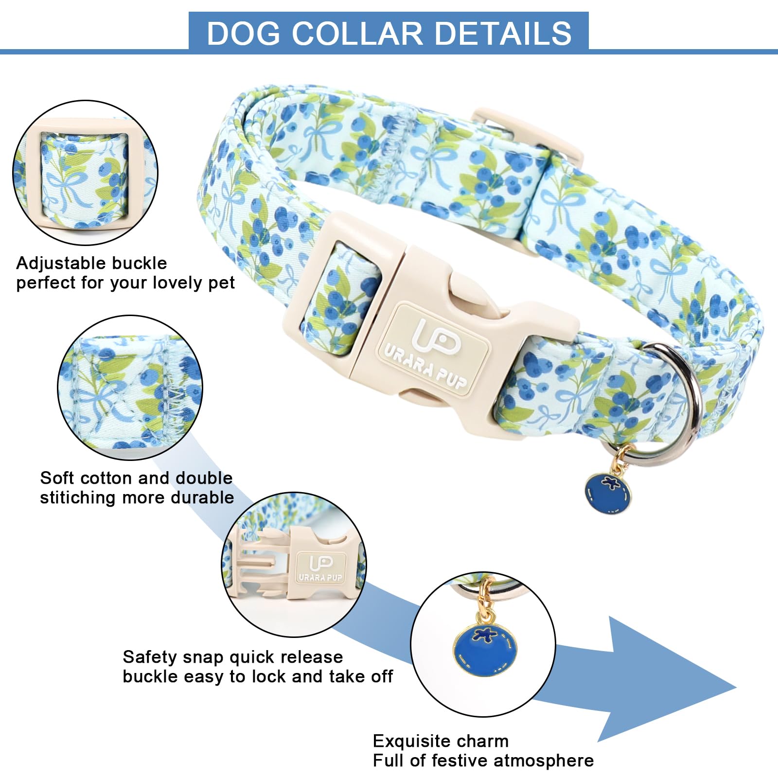Blueberry Hundehalsband und Fliege, niedliches, verstellbares Welpenhalsband mit Schnellverschluss-Schnalle und schönem Blaubeer-Charm, für kleine, mittelgroße und große Hunde