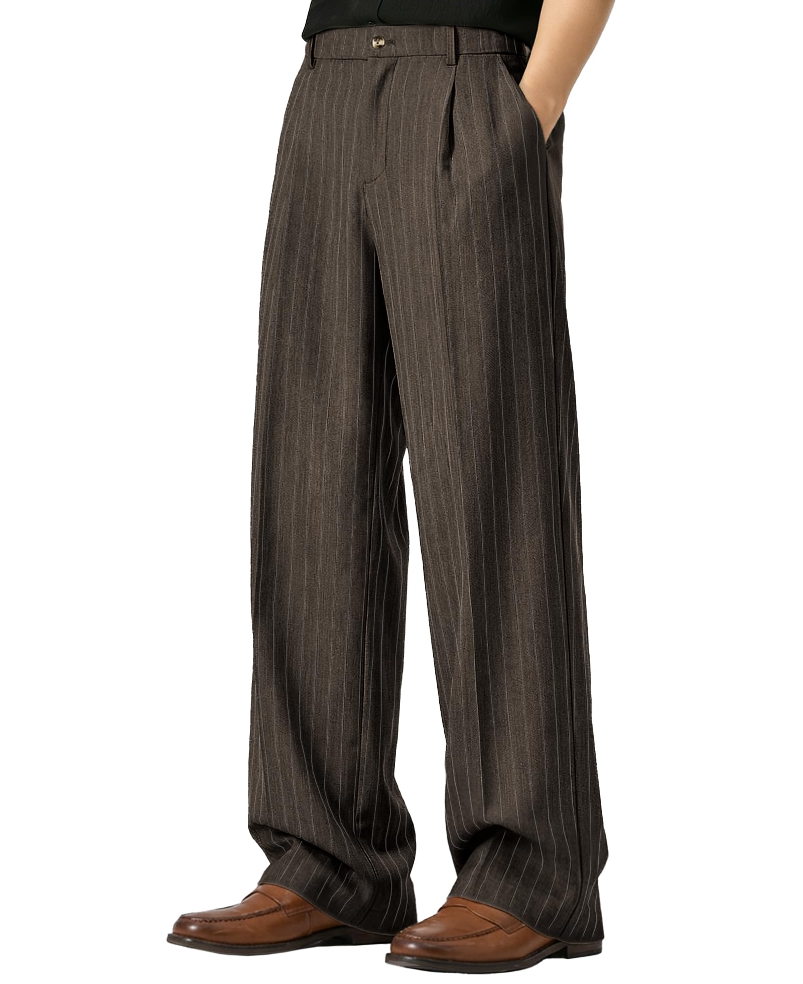 Susclude Mens Pinstripe Casual Dress Pants Old Money Wide Leg Baggy Pleated Slacks Elastic Wasist Loose Fit Work