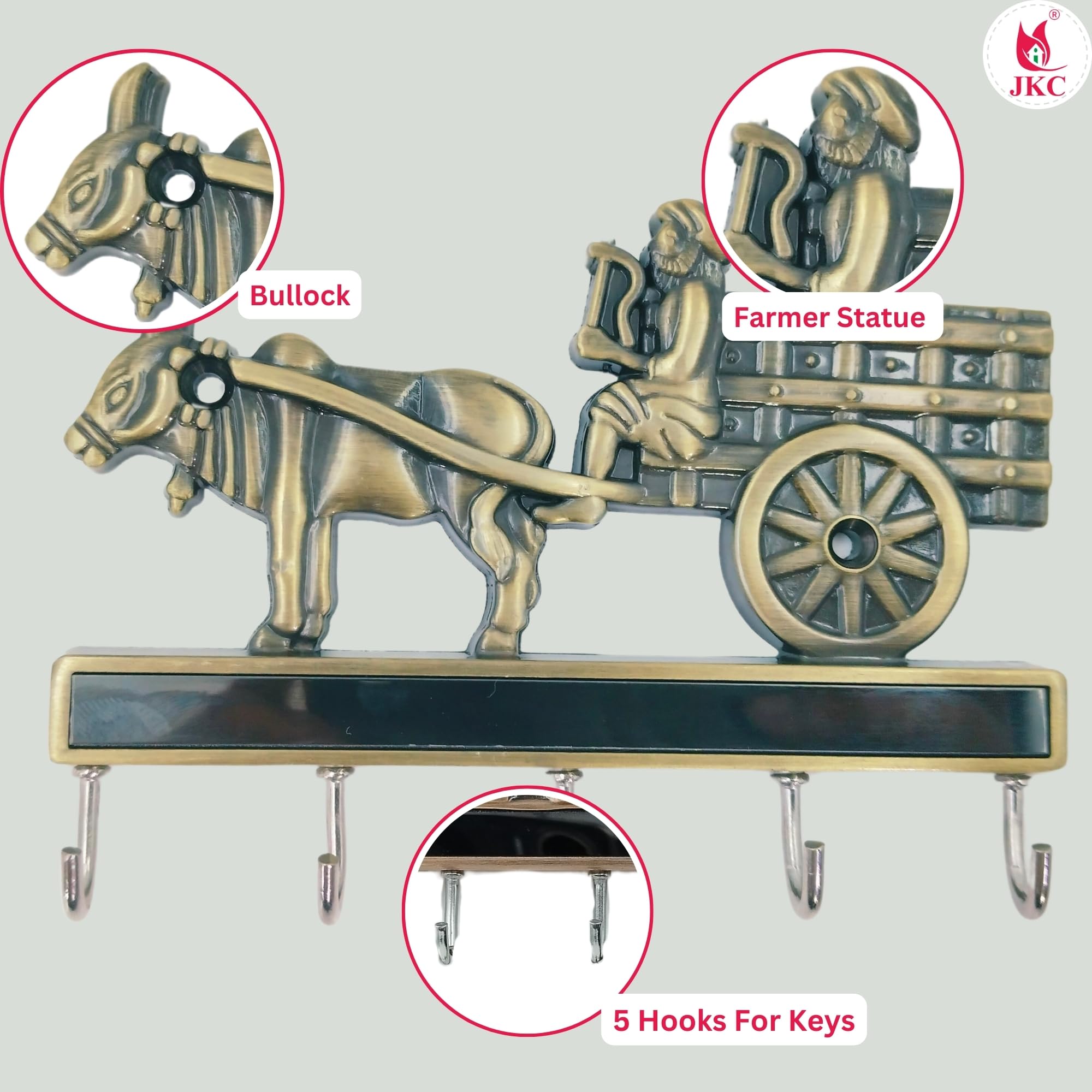 JKC Antique Brass Key Stand, Bullock Cart Theme, 5 Hooks, Wall Mount, Zinc Material, Perfect Key Holder & Home Decor 2