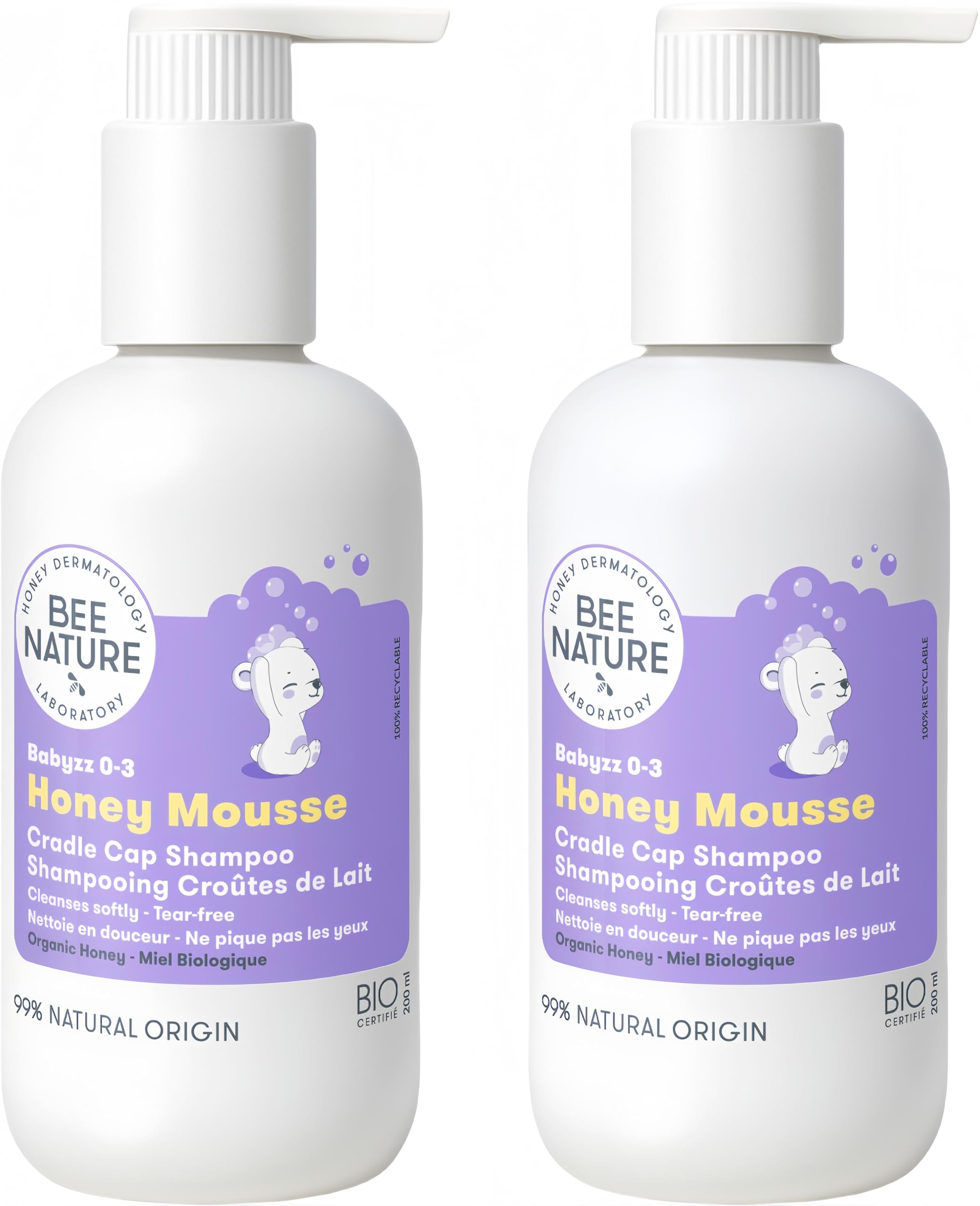 Bee Nature - Baby Shampoo Bio - Honig Mousse - Milchschorf Behandlung - Tränenfrei - Geeignet für Neugeborene, Kinder, Erwachsene mit Trockener, Empfindlicher, Ekzem, Juckende Kopfhaut- 400ml(2*200ml)
