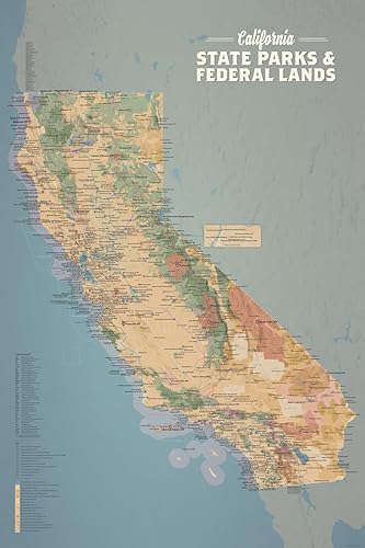 Póster de mapa de parques estatales y tierras federales de California, 24 x 36 pulgadas, color camello y azul pizarra