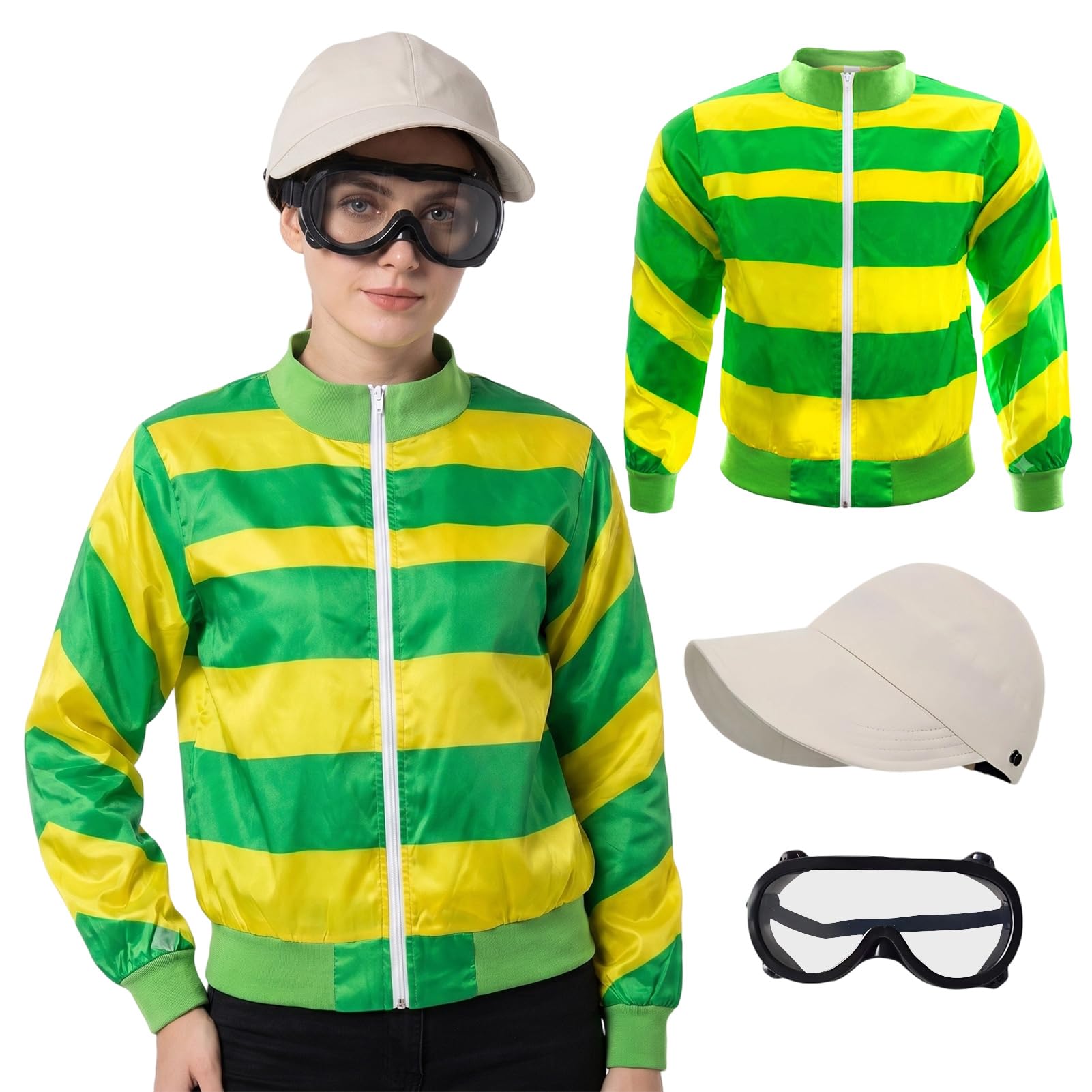 Apparlxer Jockey Costume Set for Ladies, 3 Pcs Jockey Outfit with Green and Yellow Striped Top Goggles and Hat, Grand National Horse Racing Fancy Dress for Adults Women Halloween Costume