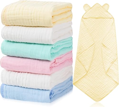 Miniatura 7 de Preboun 6 toallas de baño de muselina para bebé con capucha, lindas toallas de algodón absorbente con capucha para recién nacidos, niñas, niños