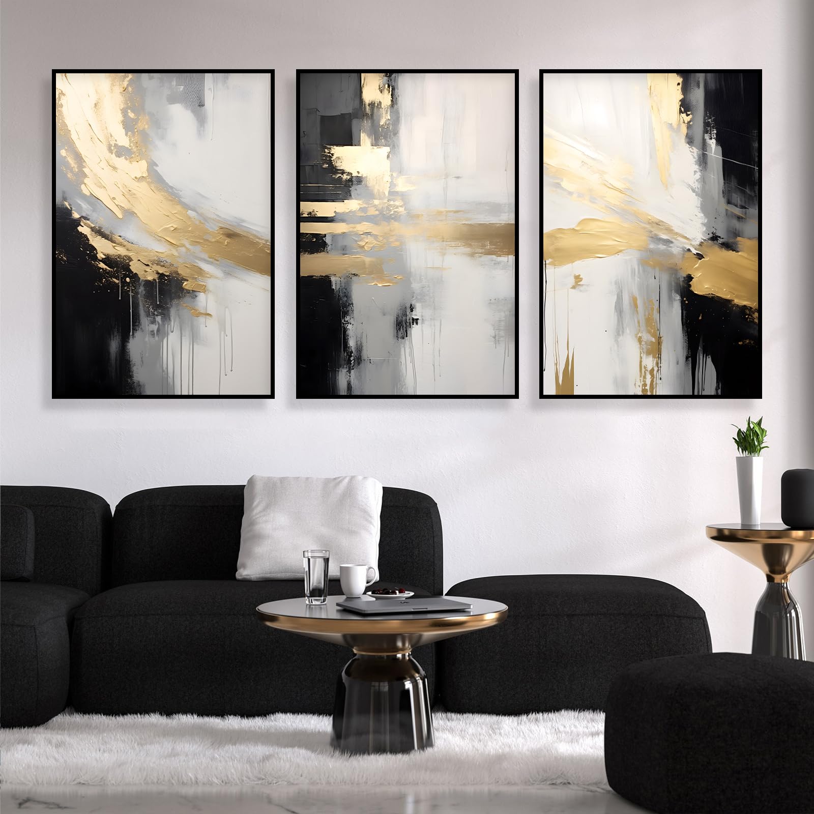 Photo 1 of Acolabare Abstract Wall Art, 16x24inchx3, Art Print for Living Room, Grey and Gold Black and Gold Abstract Canvas Wall Art 24.00" x 16.00"