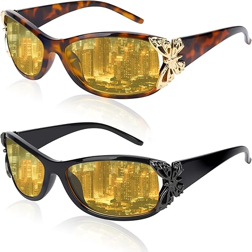 2 gafas de conducción de visión nocturna para mujer, polarizadas, antideslumbrantes, lentes amarillas, visión nocturna, con decoración de mariposas,
