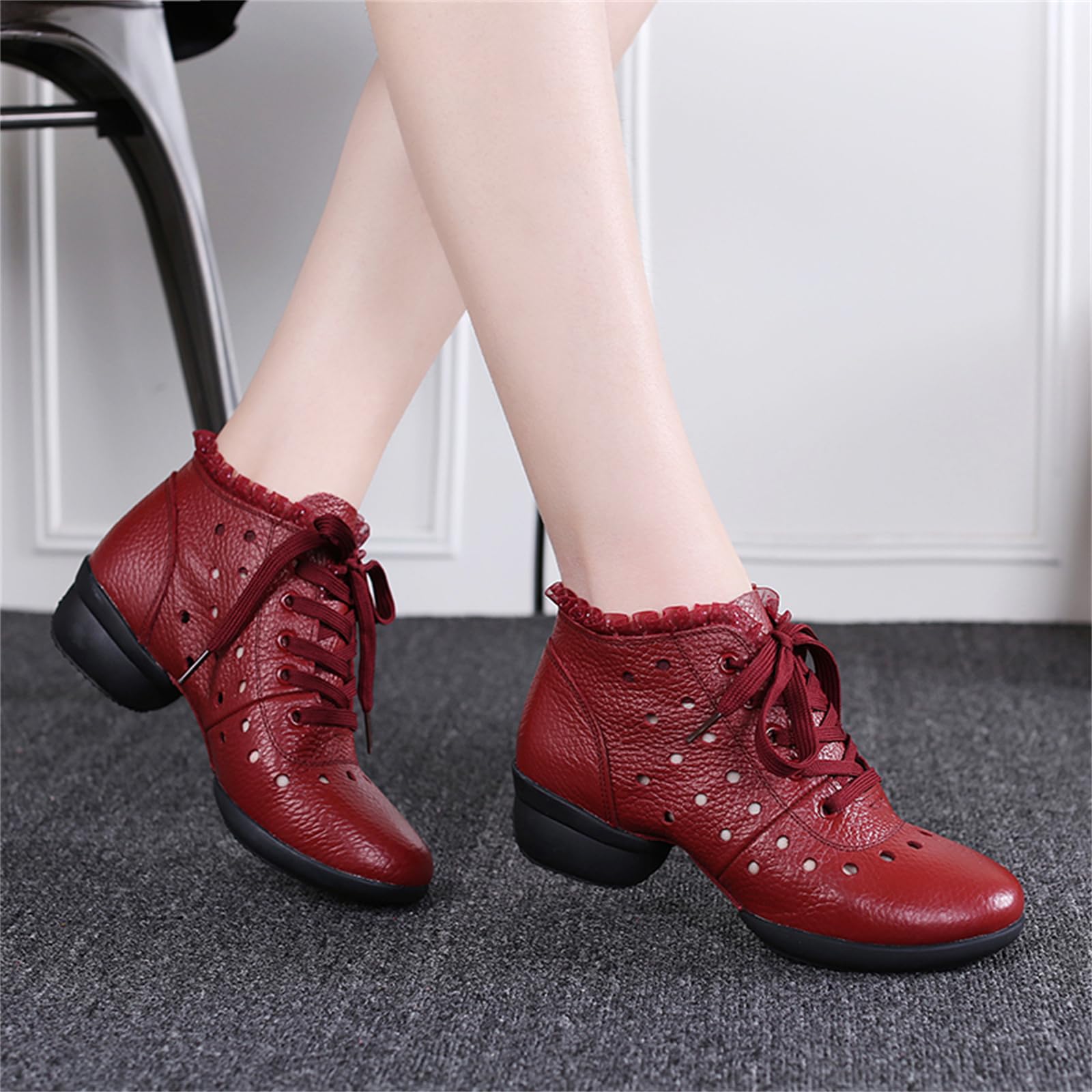 Scarpe da Jazz da Donna Stivali da Ballo in Pelle Tacco Basso Lacci Suola Divisa Stivali da Ballo Latino Moderni da Palcoscenico