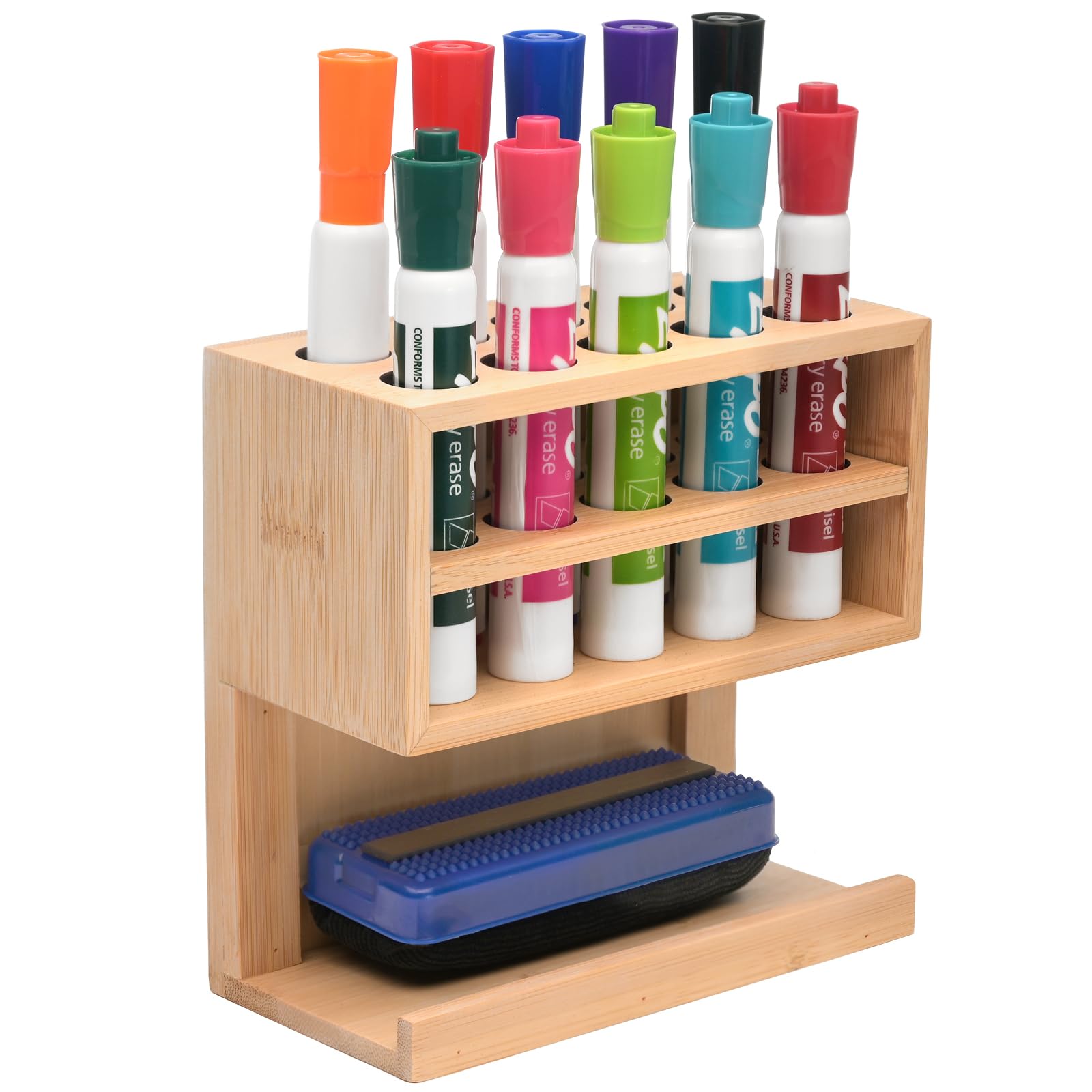 Excello Global Products Bamboo Dry Erase Marker Holder with Magnetic Mount, Holds 10 Markers and an Eraser