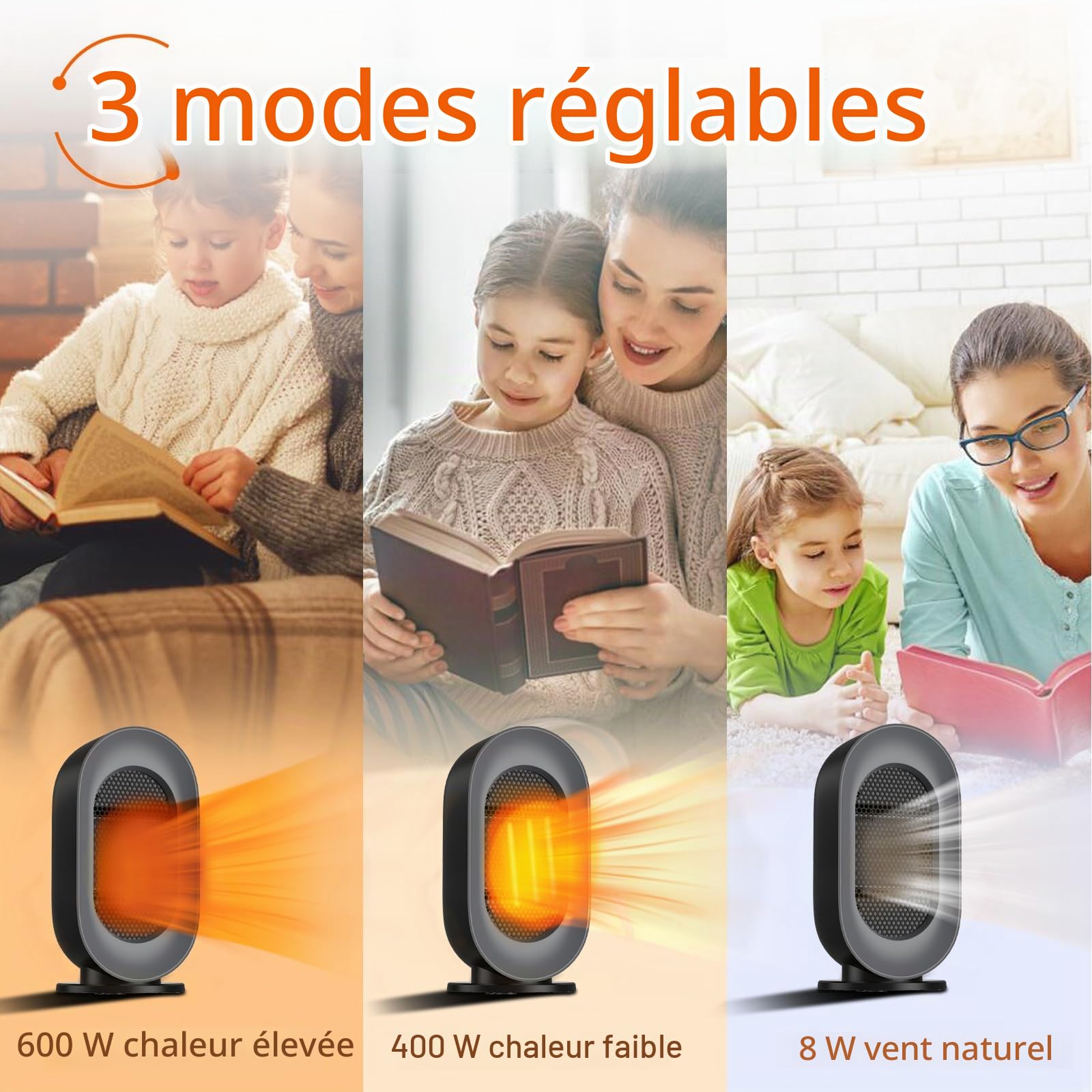 Radiateur Soufflant électrique Chauffage d'appoint 600W Avec 3 Modes en céramique PTC avec thermostat économie d'énergie Portable Silencieux protection anti-surchauffe et anti-basculement Noir