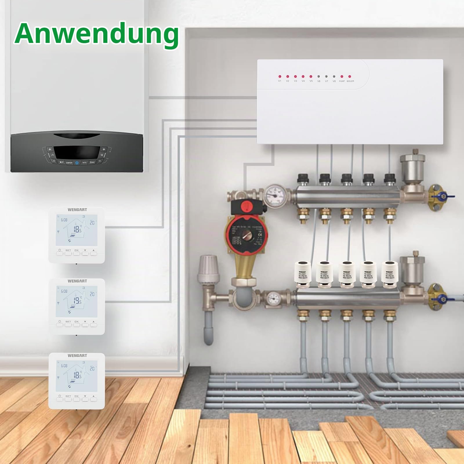 Wengart Fußbodenheizung Verdrahtungszentrum für 230V WG525,Thermostat und Stellantriebe, 8 Zonen Heizungskonzentrator, verbundener Gaskocher und Wasserpumpe, weiß