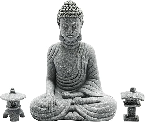 Hoypeyfiy Juego de meditación, accesorios de jardín zen, estatua de Buda sentado y linterna redonda de piedra en forma de arco para decoración del