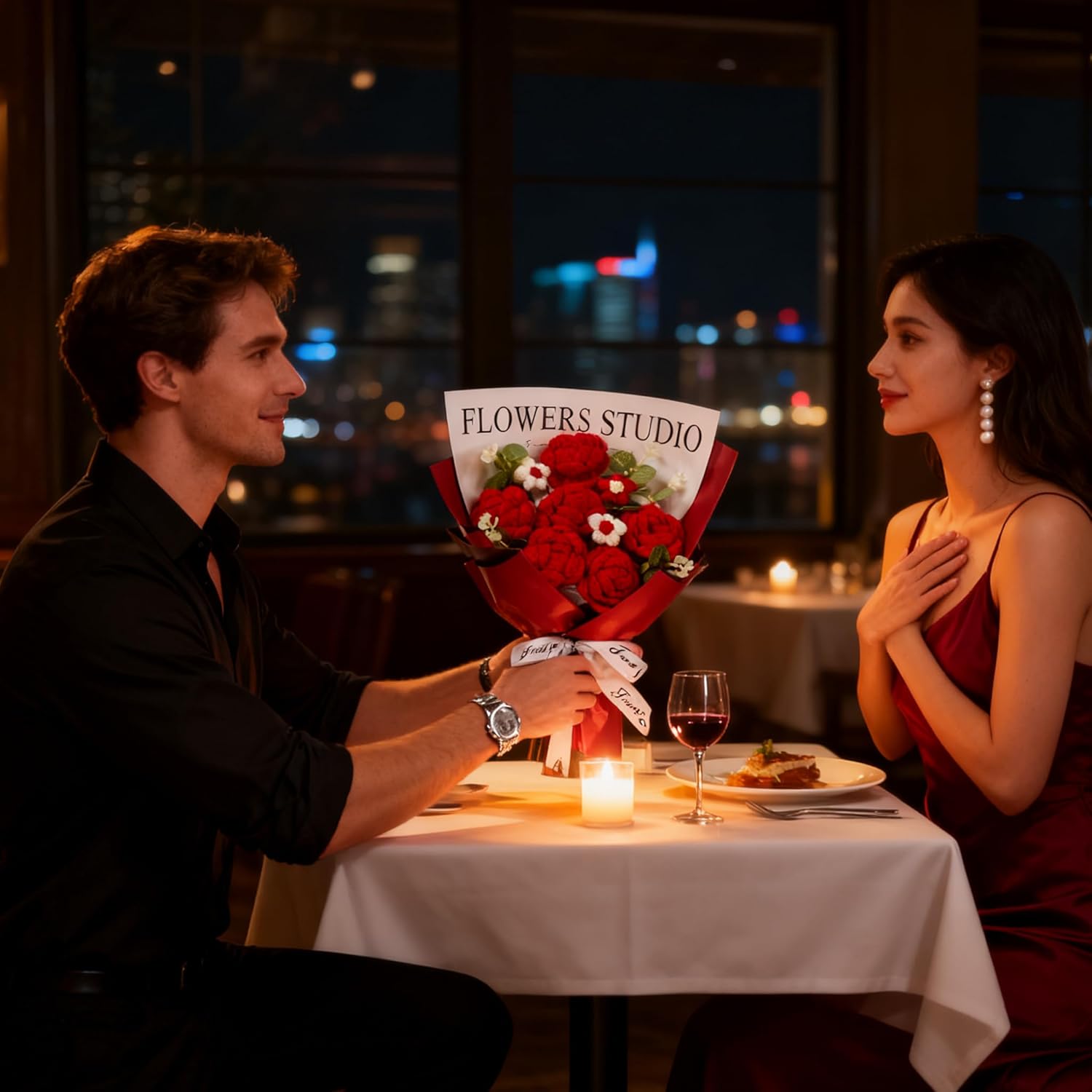 Red Crochet Flowers Bouquet Red Knitted Flower Handmade Valentines Gifts, Wedding, Anniversary, Christmas, Graduation Crochet Gifts for Women (Includes Card) - Image 4