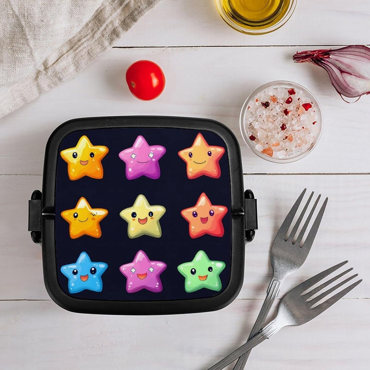 Colorful Stars Bento Box with Spoon 2 Layer Food Container Cute Lunch Box for Travel Dining Work
