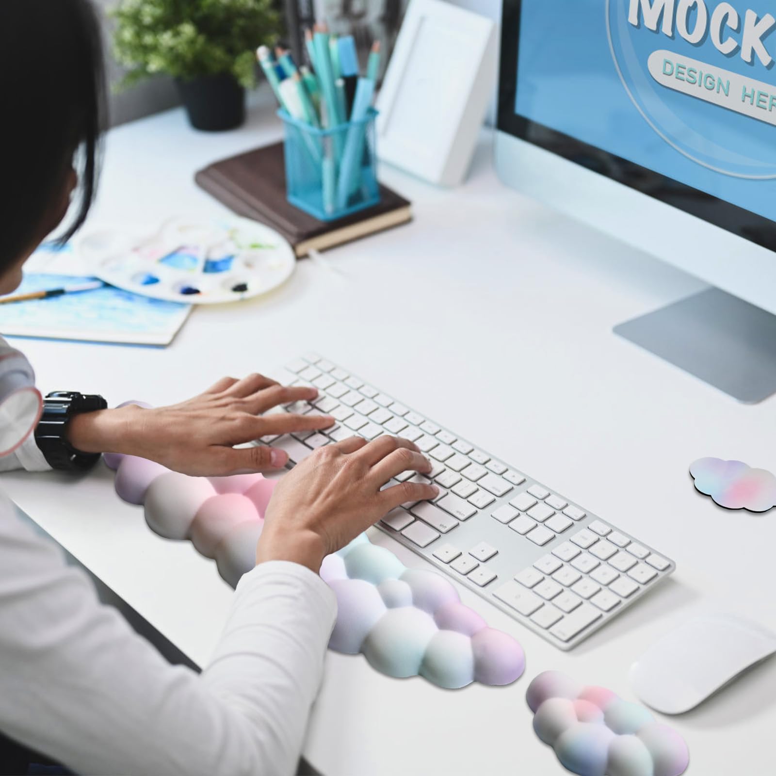 Teclado con reposamuñecas de piel sintética, soporte de muñeca de espuma viscoelástica para teclado de computadora, almohadilla ergonómica y bonita almohadilla de mouse para juegos, oficina