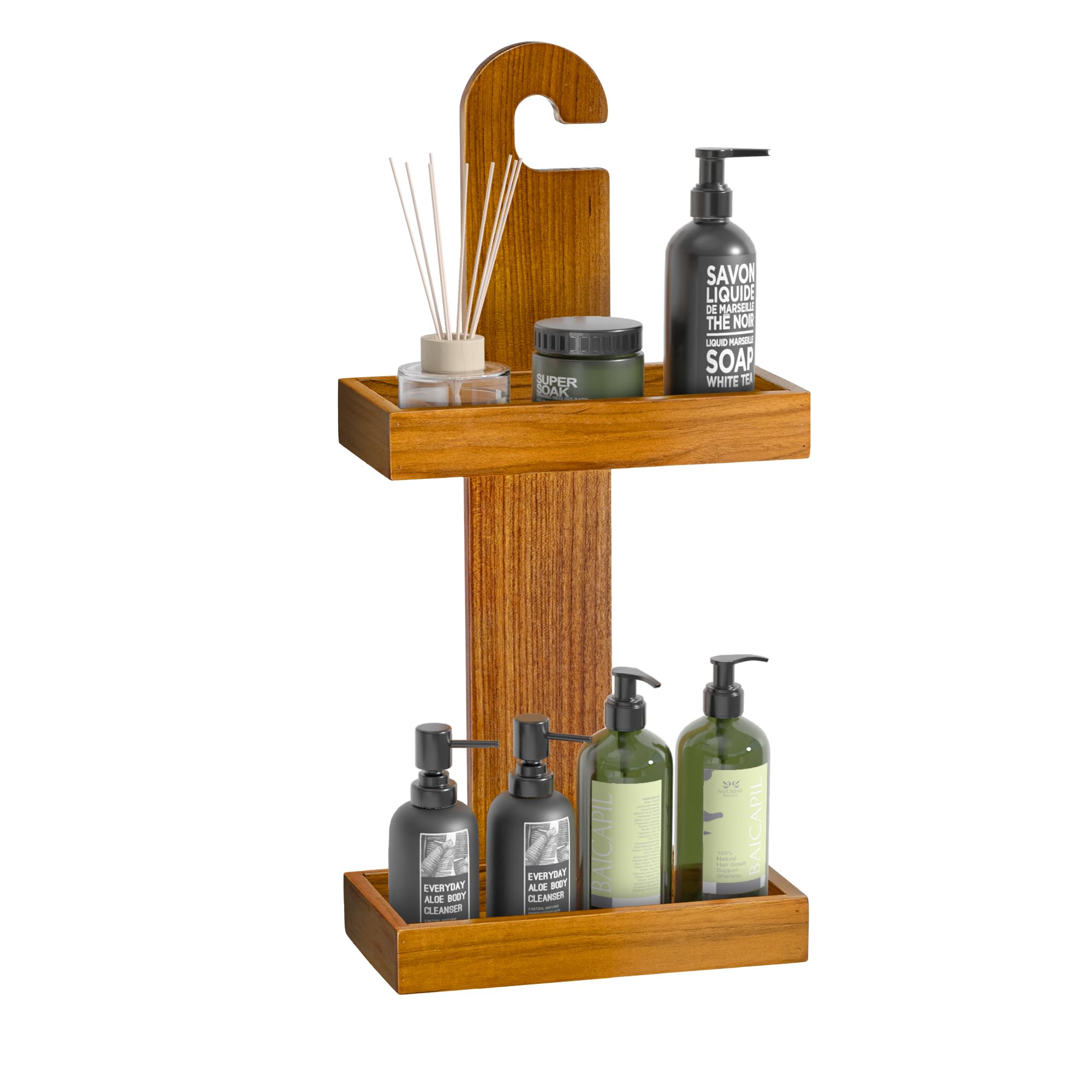 Utoplike Teak Shower Caddy over Shower Head, Bathroom Organizer Hanging, Wood Standing Shower Shelf Holder for Shampoo, Soap, Towels, No Drilling