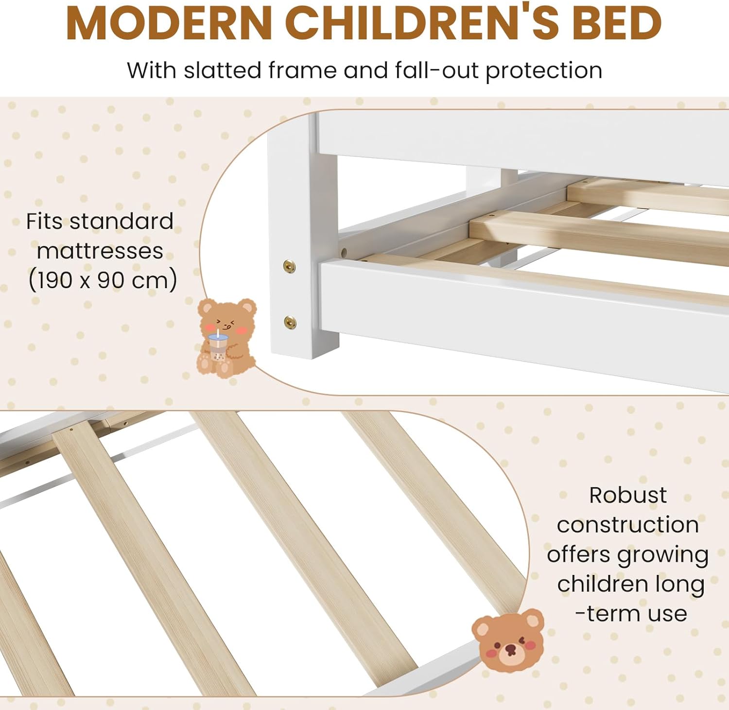 DoCred Montessori Twin Floor Bed Frame with Fence, Low Profile Twin Size Montessori Bed Frame for Kids, Solid Wooden Floor Beds for Bedroom,Nursery,White
