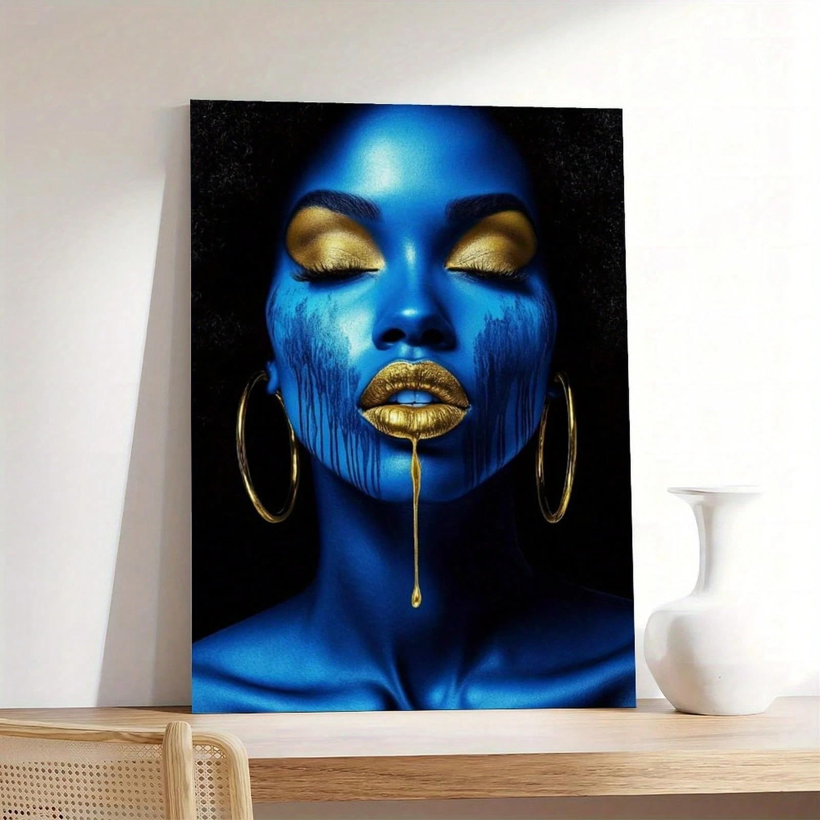 TZKBDMA Printed African-American Female Portrait - Elegant Blue And Gold Pattern Wooden Frame Encloses The Canvas Painting(60x80cm/Without frame)
