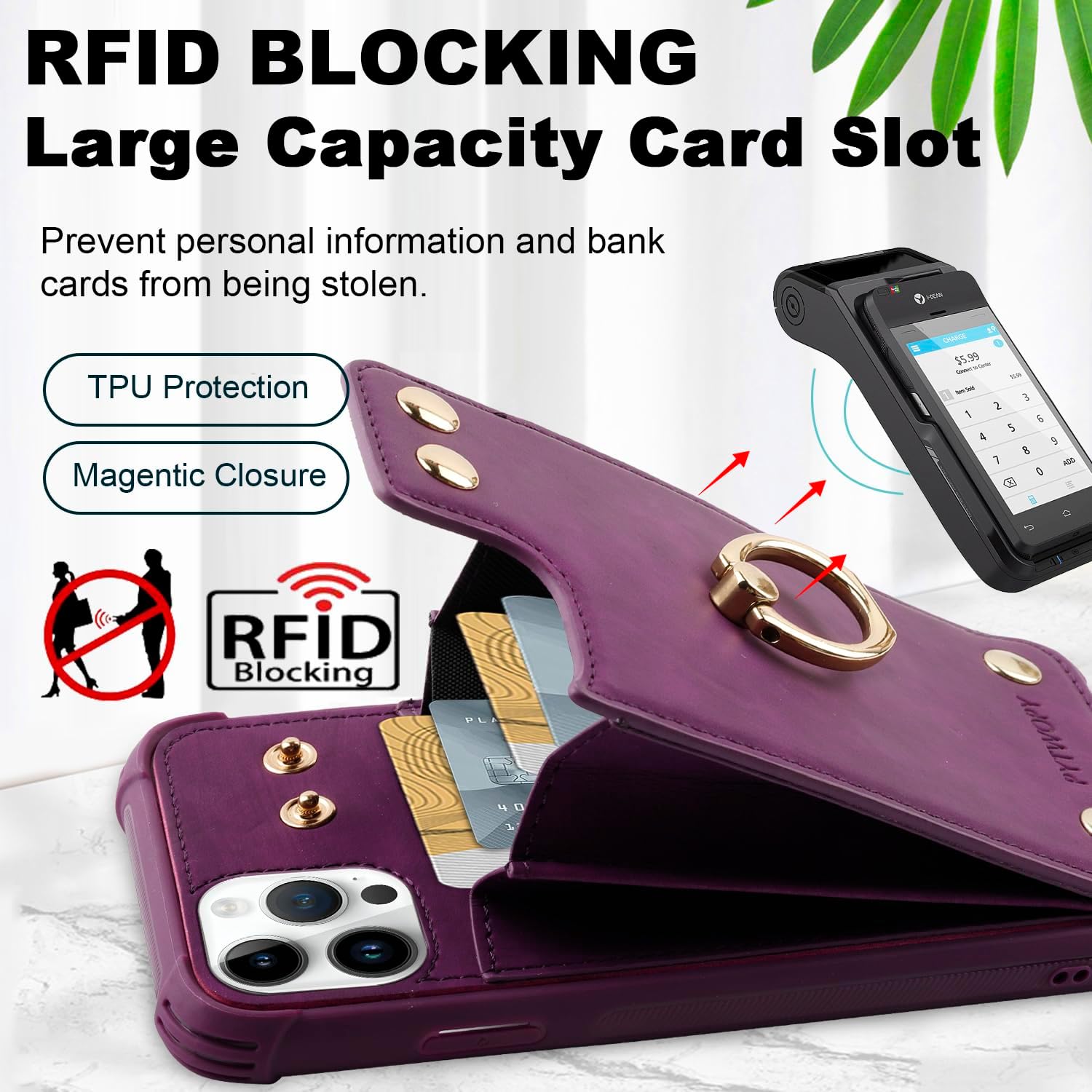 Wallet Case Compatible for iPhone 15 Pro Max with Credit Card Holder,Leather Shockproof Protective Phone Cover 6.7 inch Supports 360°Rotation Ring Stand and RFID Blocking,Dark Purple