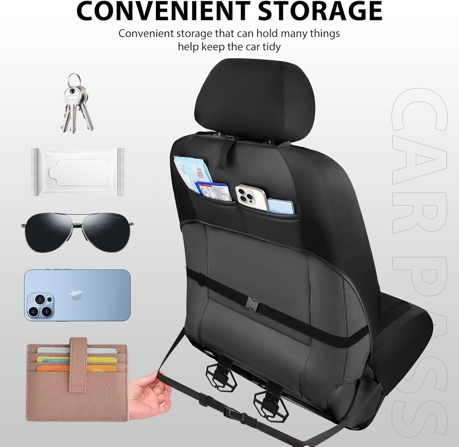 CAR PASS Thick Foam 3D Mesh Leather Car Seat Covers Full Set, Luxury Breathable Premuim Faux Leather Automotive Seat Covers, Airbag Compatible Universal Fit for Most Sedan Van Truck SUV, Pure Black