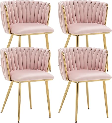 Miniatura 20 de Kiztir Juego de 4 sillas de comedor de terciopelo modernas tapizadas con respaldo tejido y patas de metal dorado para sala de estar, dormitorio,