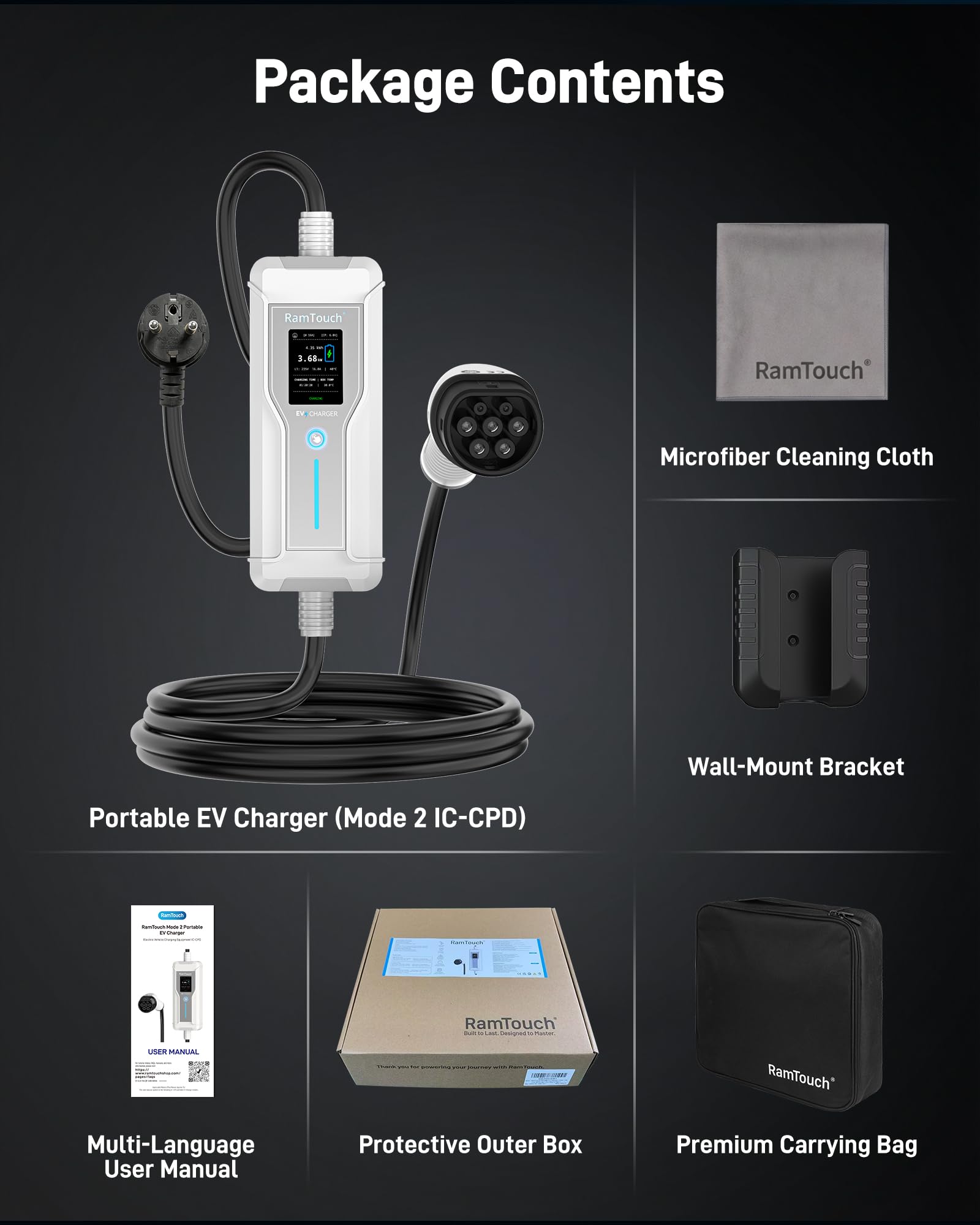 Caricatore Auto Elettrica (3,7 kW, 6 A - 16 A, 5 m, IP67) | Schuko a Tipo 2 | Cavo Ricarica Modo 2 con Display, Avvio Ritardato, Timer, RCD CA/CC, Wallbox Portatile per Veicoli EV e PHEV