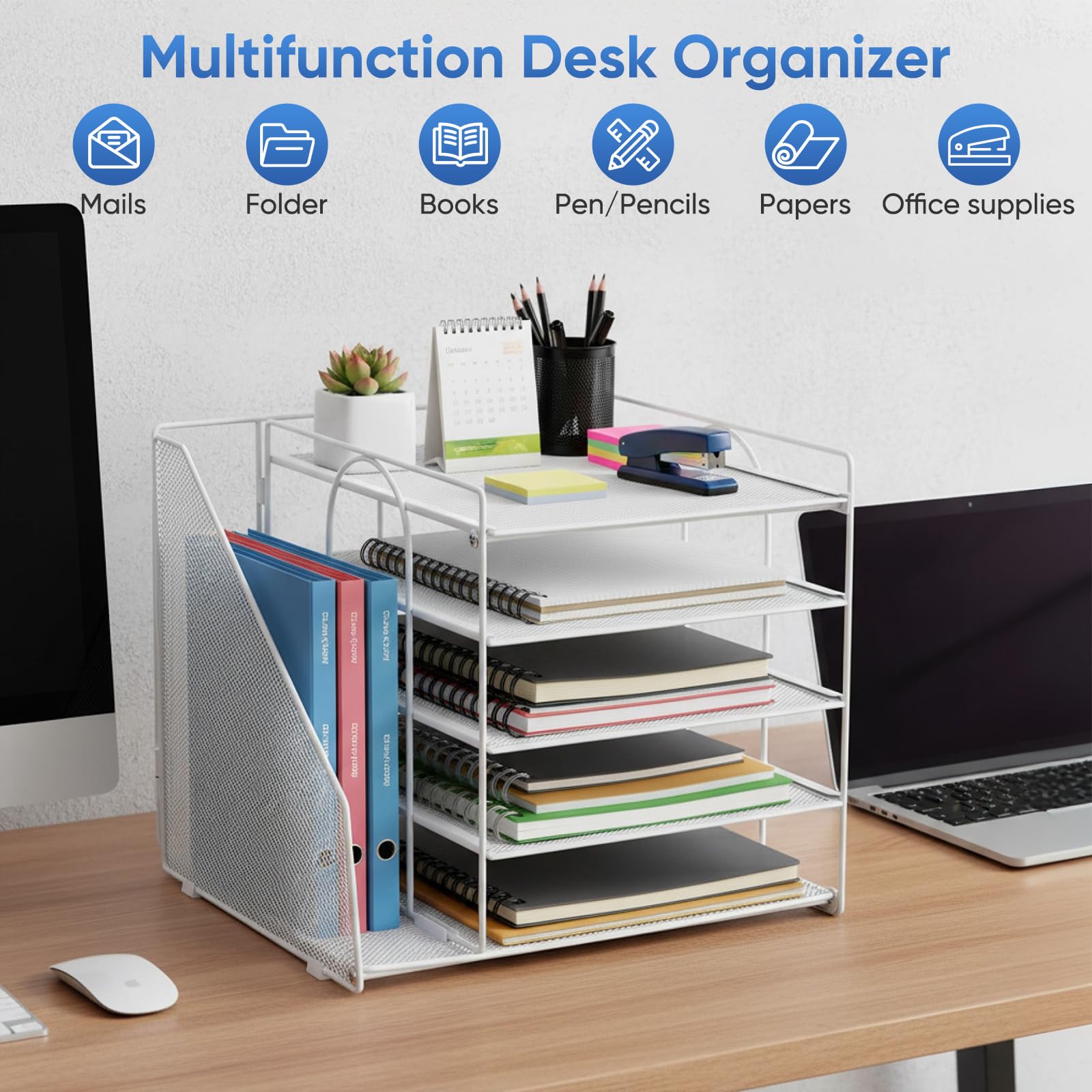 Organizzatore da scrivania a 5 livelli con cassetto – Portariviste verticale per documenti A4 e portariviste per home office e ufficio, bianco