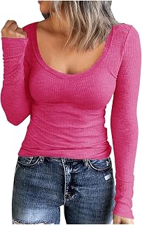 Camiseta de manga larga para mujer, color blanco, manga larga, elástica, cuello en U, camiseta de manga larga, camiseta de manga larga para adolescentes