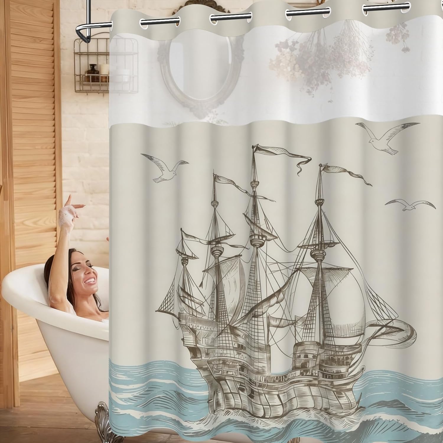 No Hook Shower Curtain with Snap in Liner, Double-Layer Waterproof Shower Curtains with Sheer Top Window and Weighted Bottom, Vintage Nautical Sailing Ship Shower Curtains for Bathroom, 71x74 Inch