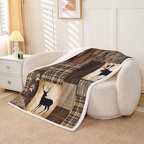 Miniatura 10 de Manfei Manta de retazos, vida silvestre, oso lobo, ciervo, para sofá, manta de cama temática de aventura para niños y niñas, decoración de