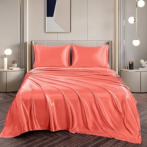 Vista 189 de Vonty Satin Sheets King Silky Soft Satin Bed Sheets Amber Beige Sheet Set, 1 Deep Pocket Fitted Sheet + 1 Flat Sheet + 2 Pillowcases