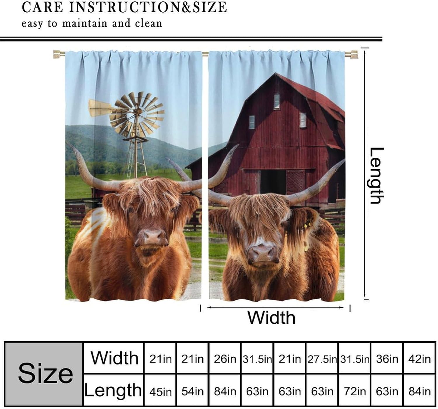 Vintage Cow Windmill Curtain Rustic Bull Cattle Red House Western Country Farmhouse Printed Rod Pocket Blackout Window Treatments for Bedroom Living Room 63" W X 63" L