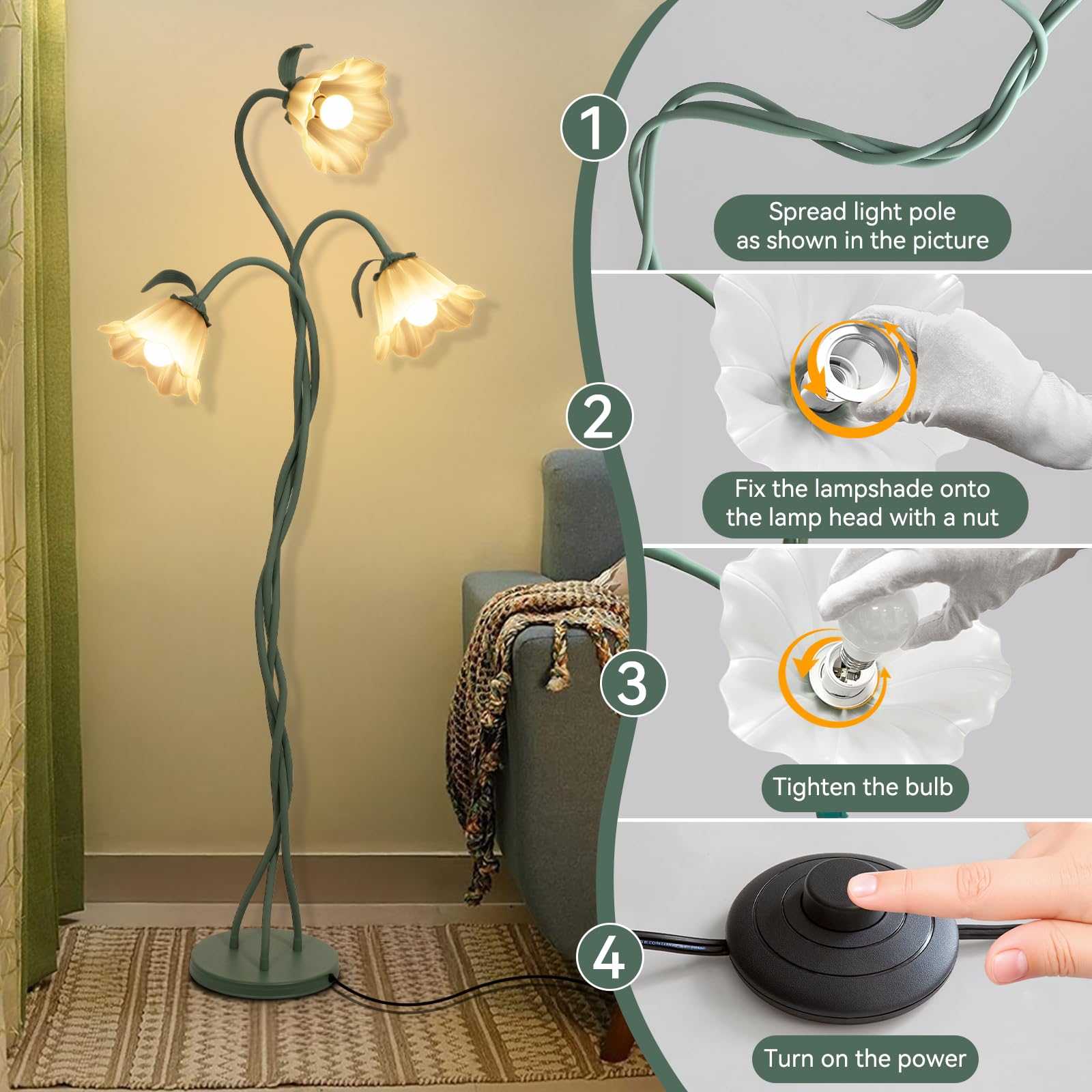 Elaruslux Vintage 3 Heads Flower Floor Lamp with Adjustable