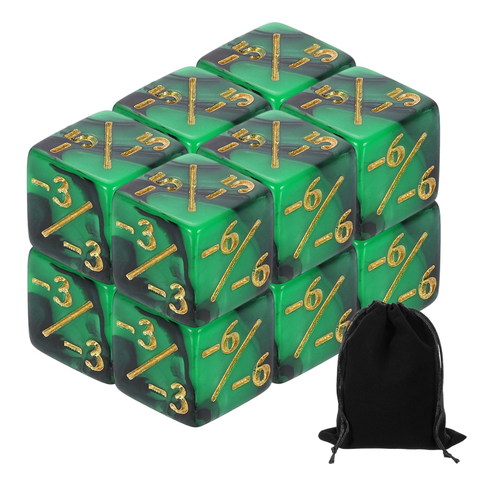sourcing map 12Pcs Magic Dice Counters, Acrylic D6 Life Token Dice Set with Pouch for Standard Cards Gaming Accessories, Green & Black