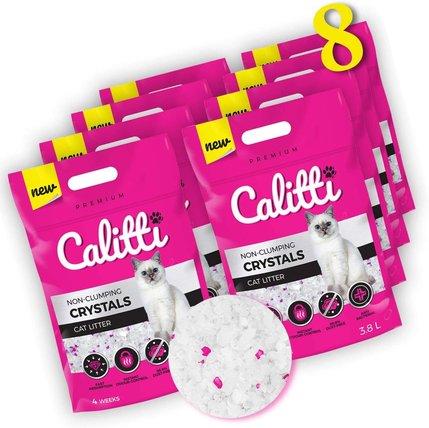 Calitti — силикатный наполнитель для кошек | Силикатный наполнитель Premium Crystals | Антибактериальный наполнитель для кошек | Набор 8 × 3,8 л = 30 л