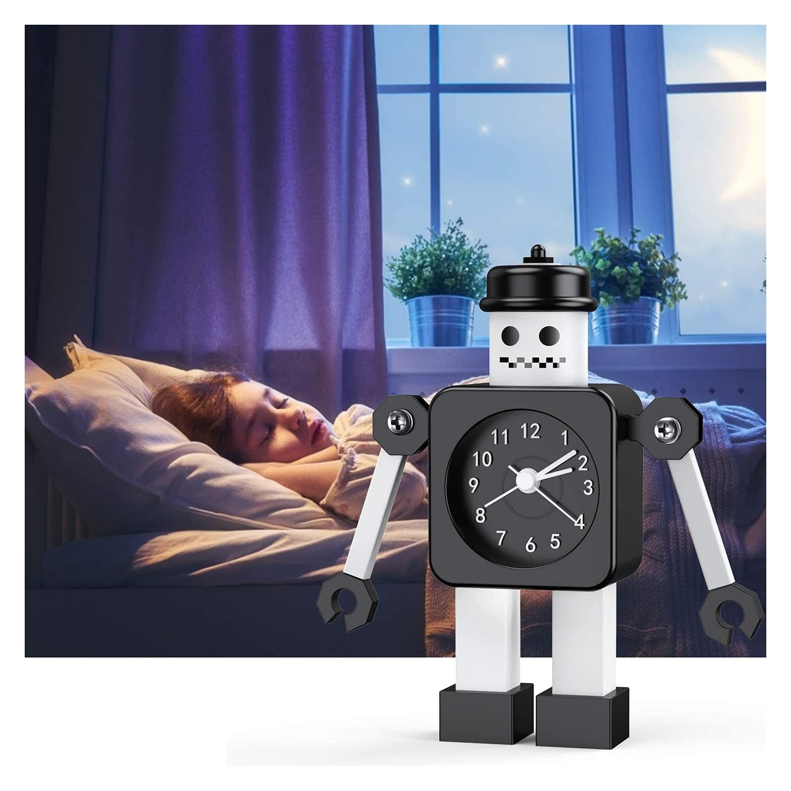 Budzik dla dzieci, robot budzik dzieci analogowy budzik bez tyknięcia cichego budzika dla chłopców dziewcząt, najlepszy prezent (niebieski) (Color : Black 2)