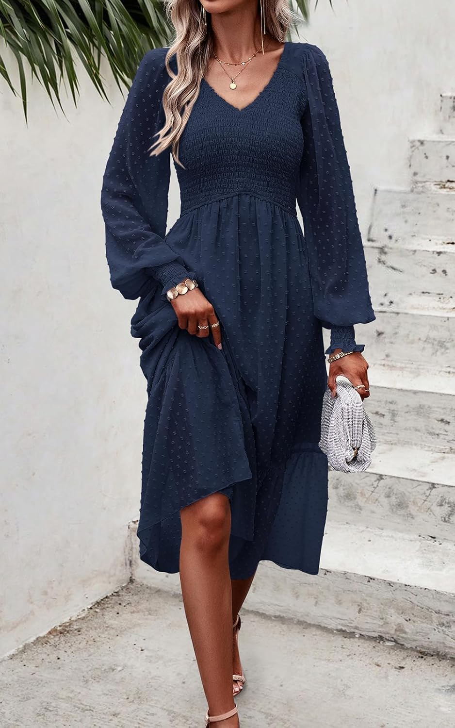 PRETTYGARDEN Women's Spring Dresses Long Sleeve V Neck Swiss Dot Empire Waist Chiffon Dress Ruffle Smocked Midi Dresses - Image 4