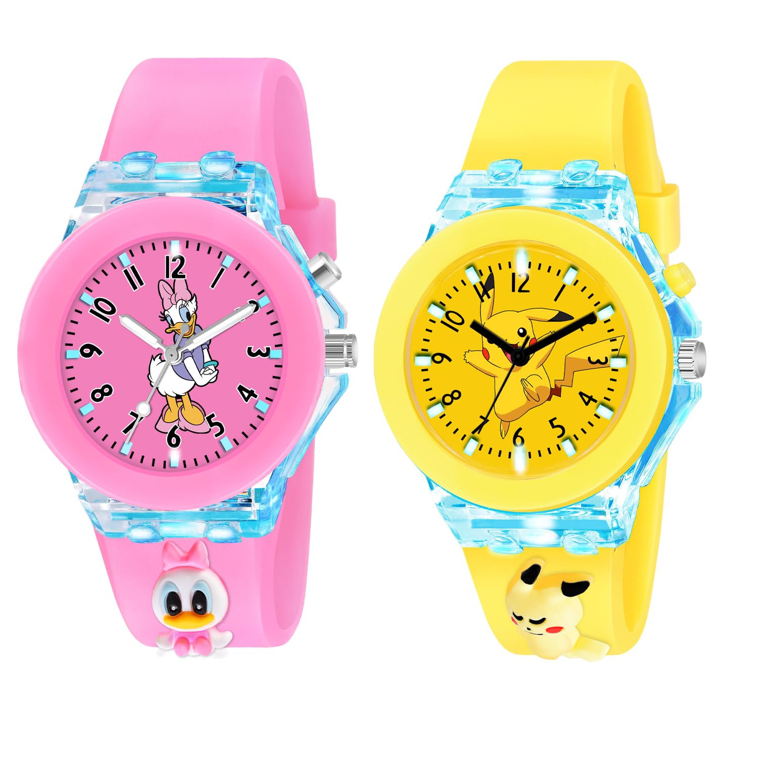 Shocknshop Analog Watch For Kids Combo | 3D Cartoon | 7 Multicolor LED Luminous Lights with Silicone Strap | Unisex Best Birthday Gift | Analogue Wrist Watches For Girls | Age 3-10 Yrs (Duck Pink & Yellow)