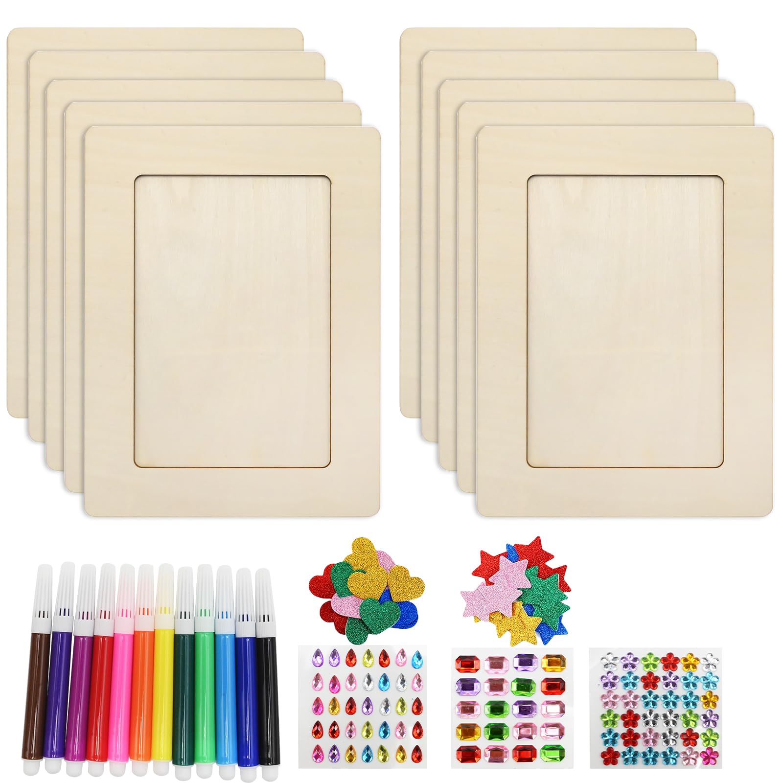 Ollanoos 10PCS Wooden Frame Painting Kit, 6x8 Inch DIY Picture Frame Set with Glitter Stickers and Color Pens, for for Painting, Decorating, Creativity Gifts