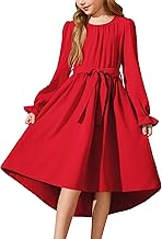Arshiner Girls' Long Sleeve Chiffon Dress A-Line High Low Evening Dress Children's Midi Autumn Winter Party Wedding Dress with Belt and Pocket 5-12 Years