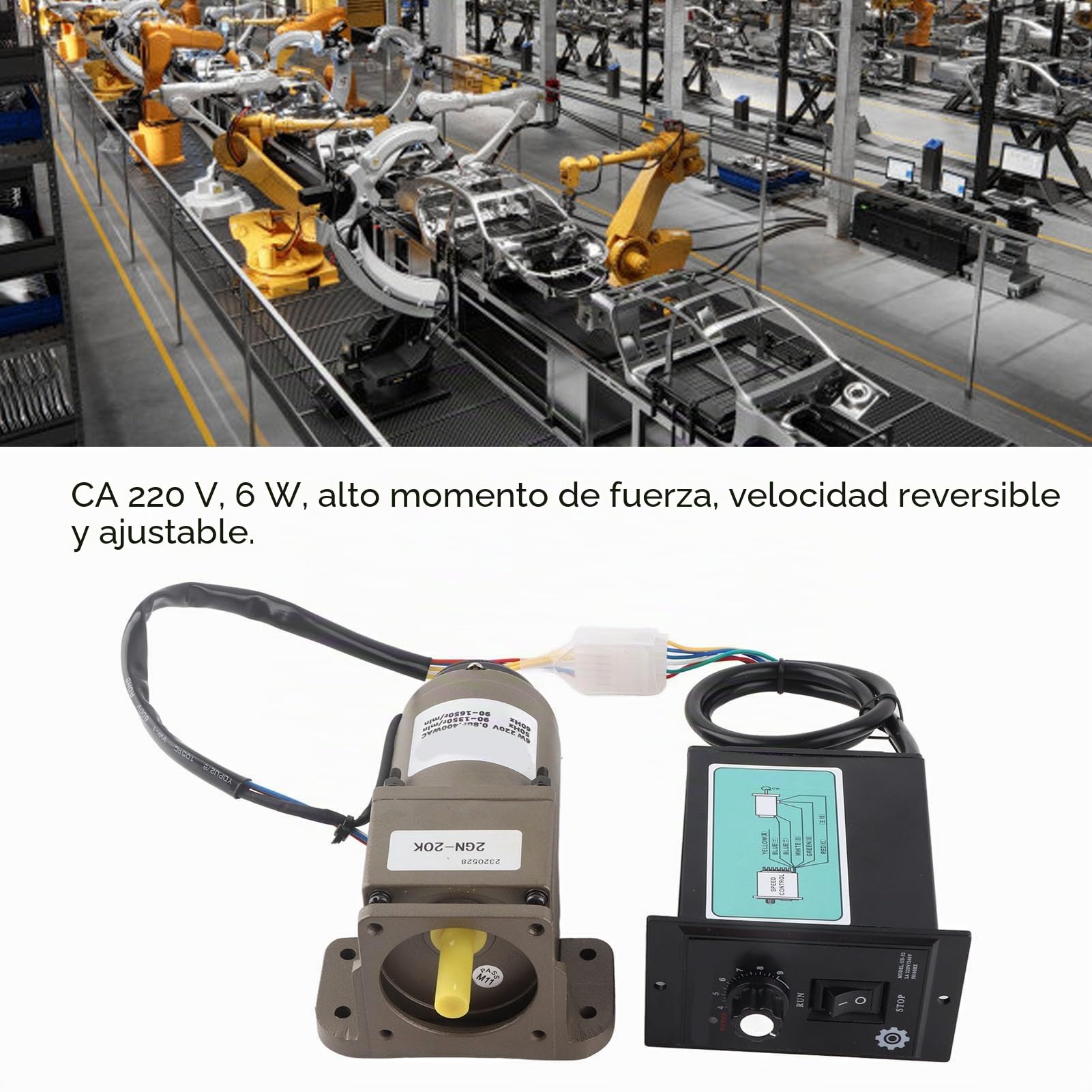 Motor Asíncrono Monofásico 220V 6W con Reductor de Velocidad Ajustable Reversible 4 Polos Metal para Aplicaciones Industriales