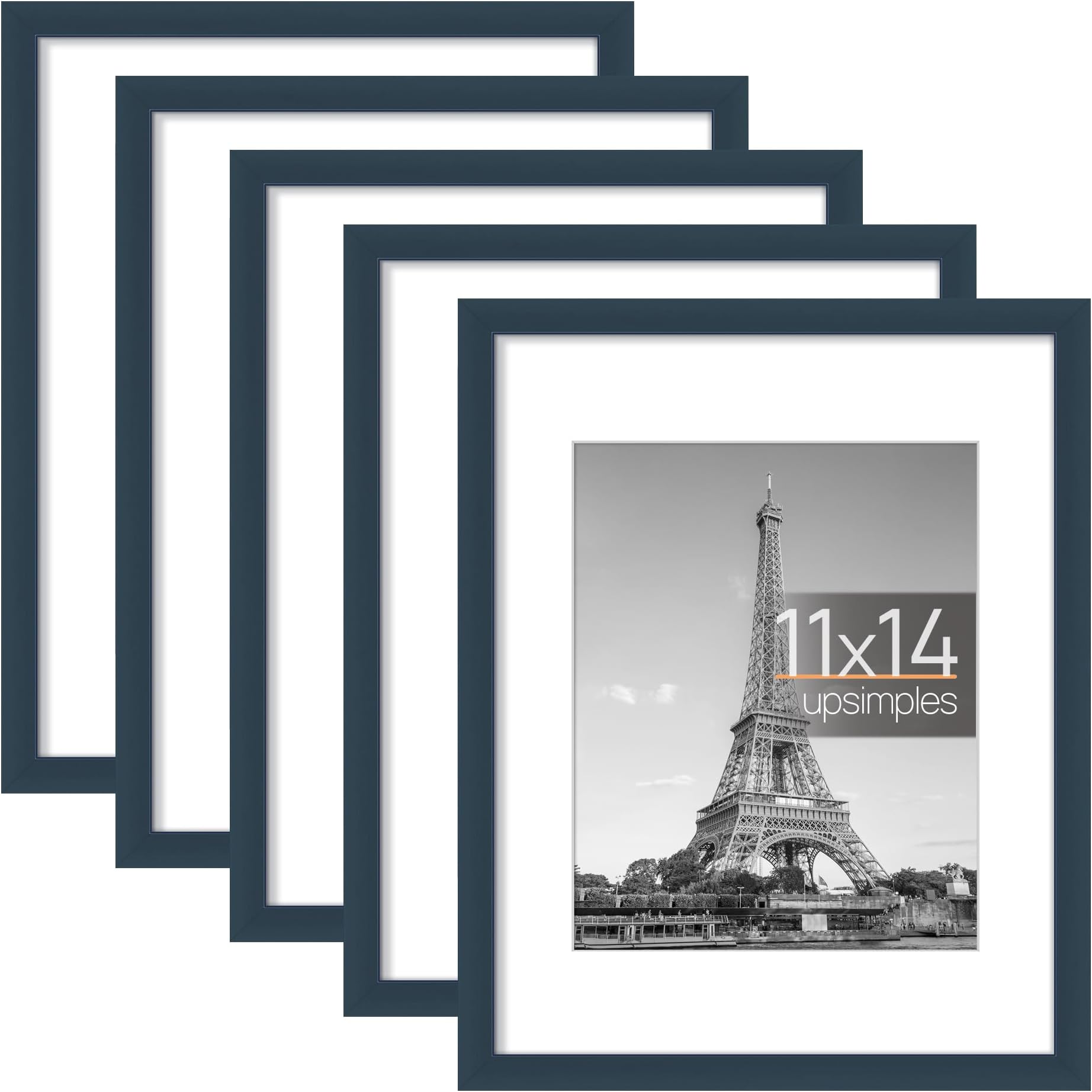 upsimples 11x14 Picture Frame Set of 5, Display Pictures 8x10 with Mat or 11x14 Without Mat, Wall Gallery Photo Frames, Navy Blue