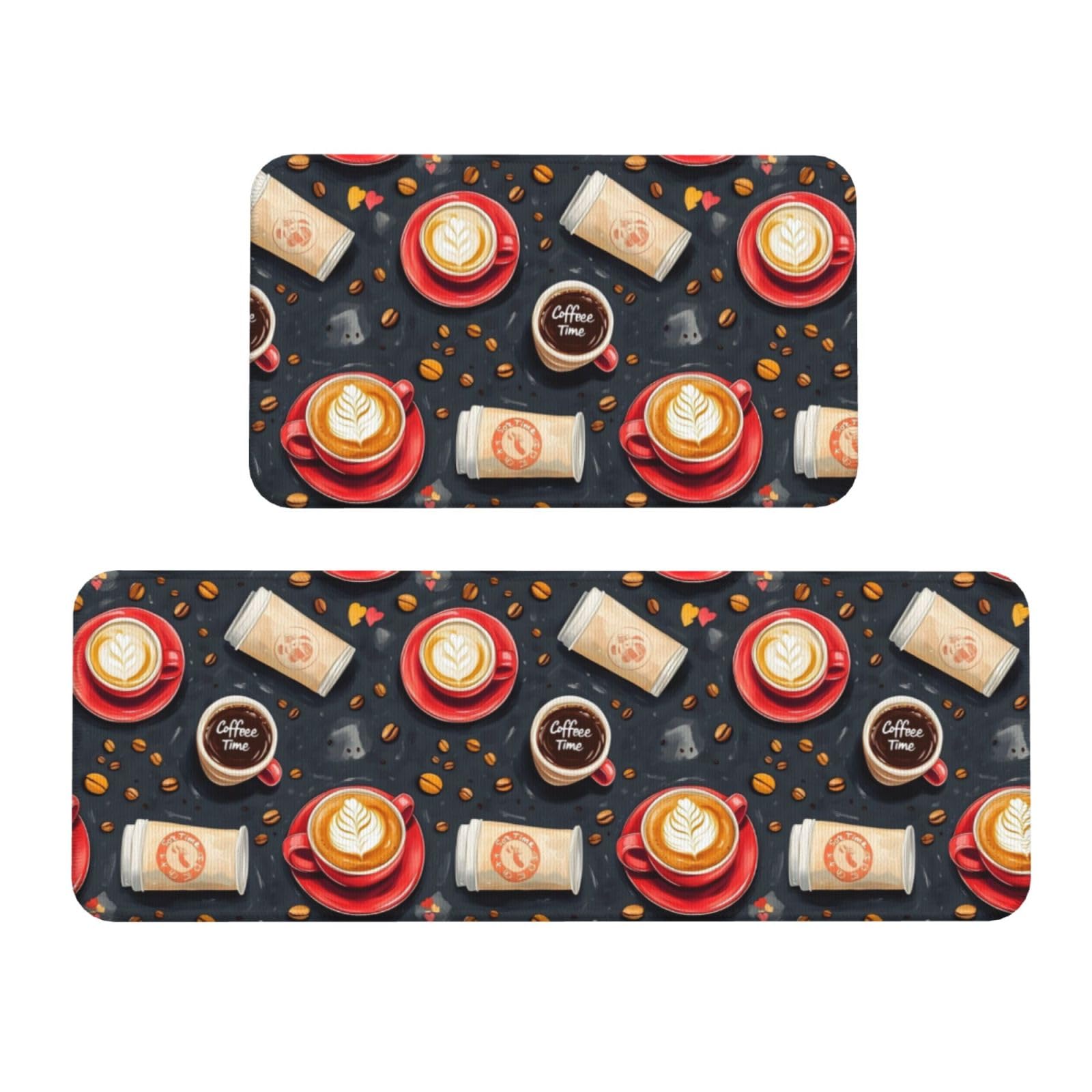 GVYGVY Antifatigue Kitchen Mats for Floor 2 Piece - Coffee Print Kitchen Rugs Washable, Non Slip Runner Rug Standing Mat for Office/Bathroom/Laundry/Home Decor and Accessories