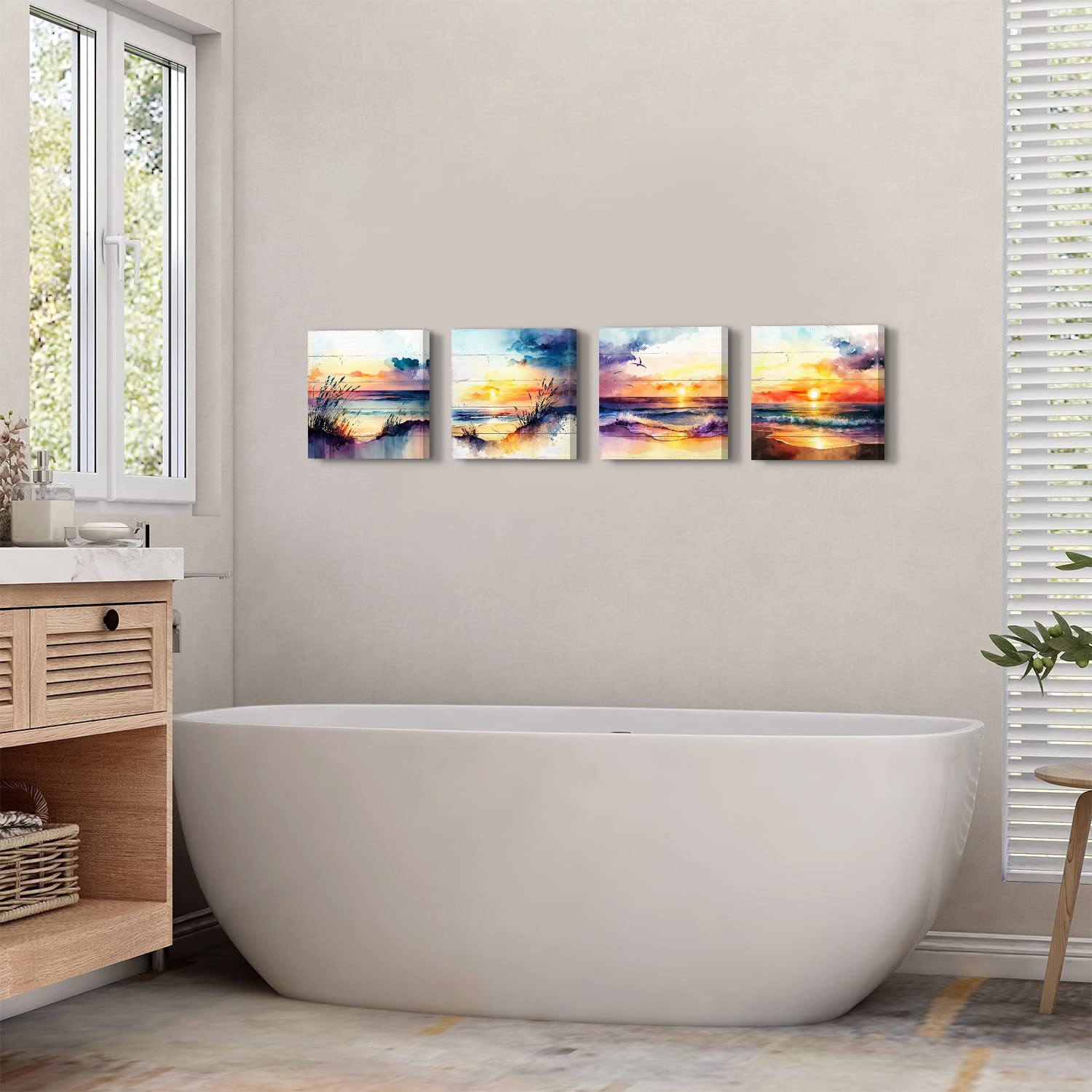 Sunset Beach Canvas Wall Art 4Pcs Abstract Coastal Seaside Landscape Paintings Decor 12x12" Watercolor Tropical Nature Ocean Seascape Prints Pictures Artwork for Living Room Bathroom Home Decoration