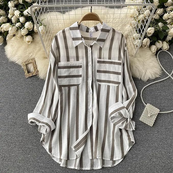 Image of ROYALICA Women's Orange & White Striped Cotton Blend Oversized Casual Shirt