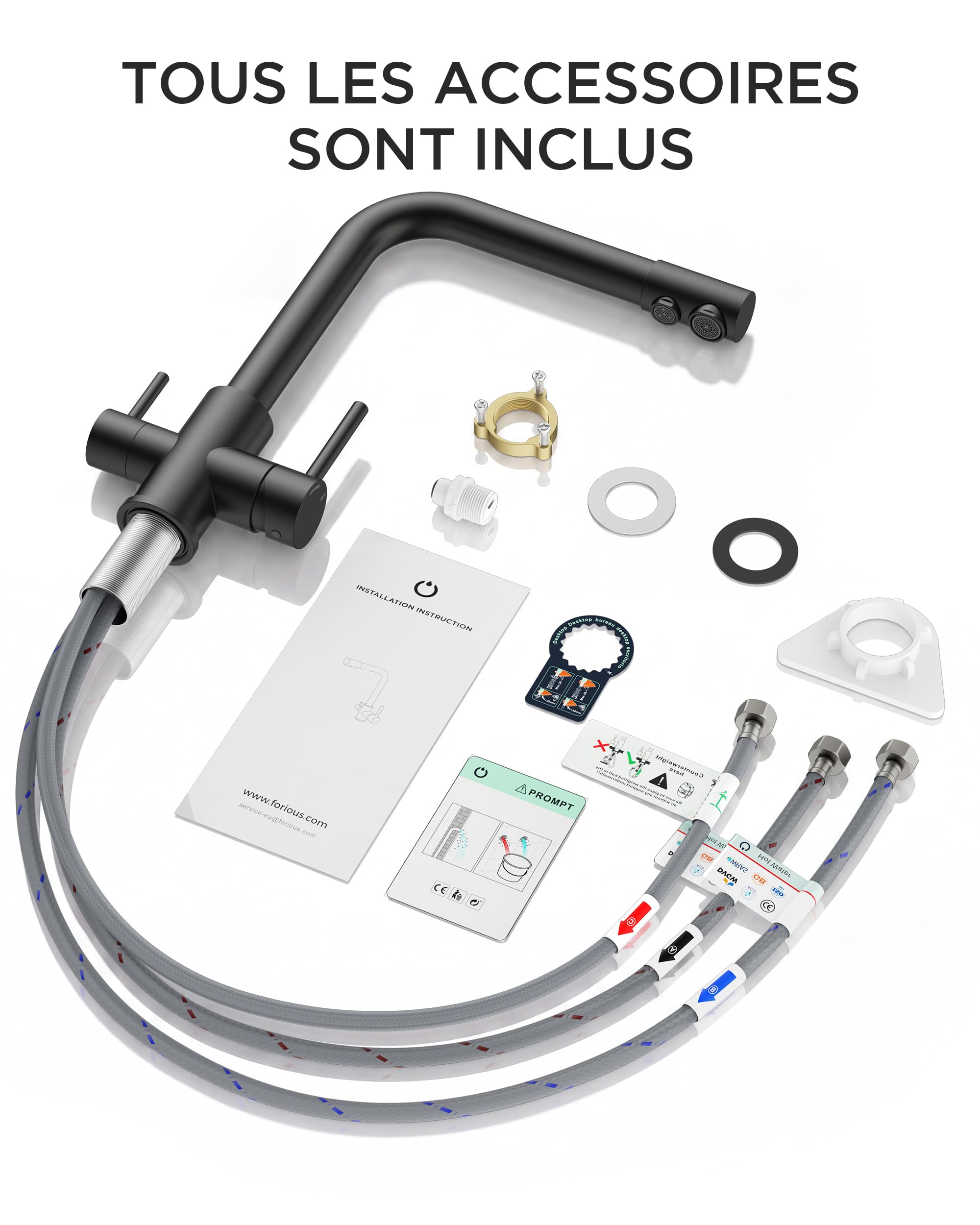 FORIOUS Robinet Cuisine 3 Voies, Double levier, Noir Mat