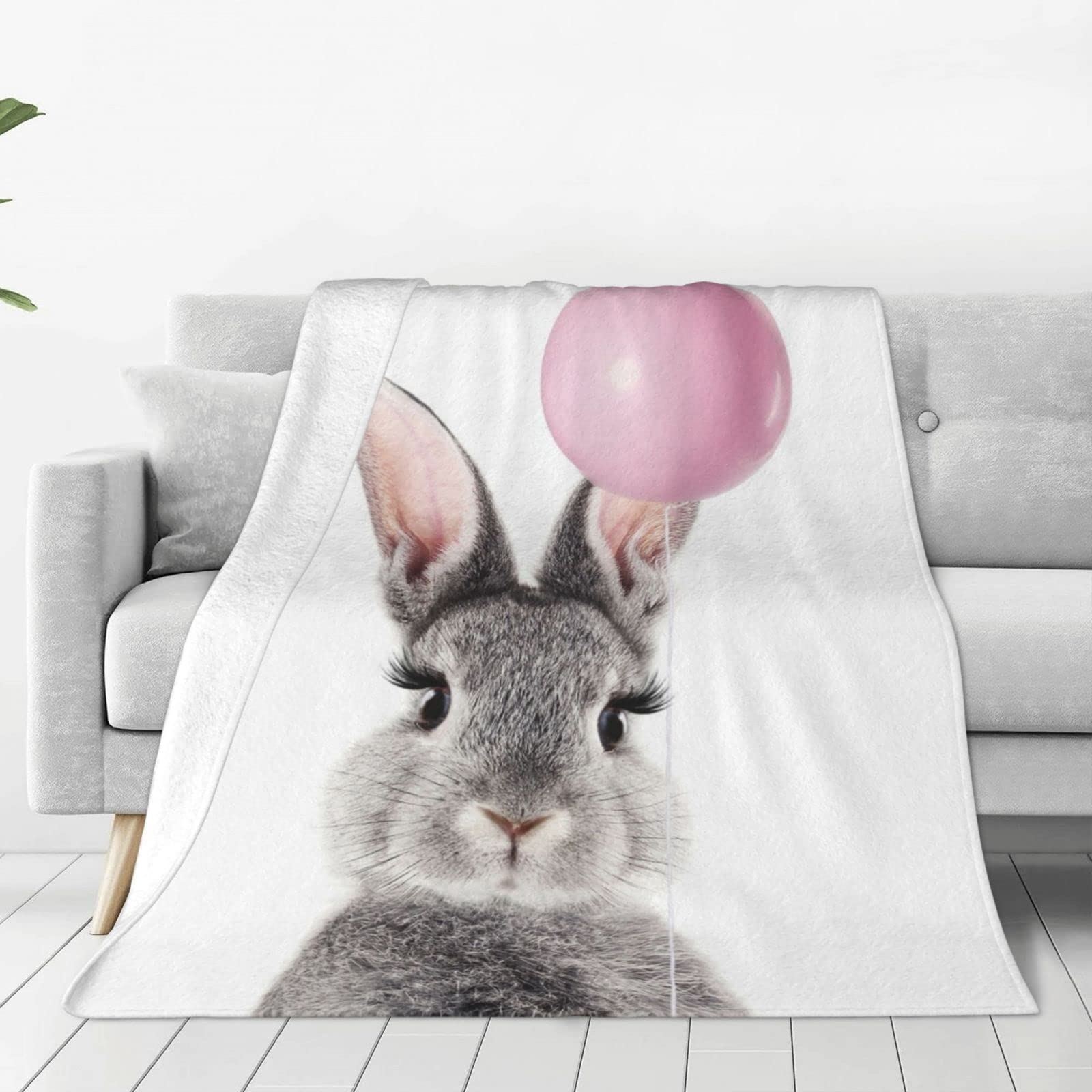 Lsjuee Throw Blanket Bunny Holding a Pink Balloon Warm Cozy Soft Lightweight Flannel Fleece Blanket for Bedroom Sofa Room Home Decorative Fuzzy Blanket 40"x30"