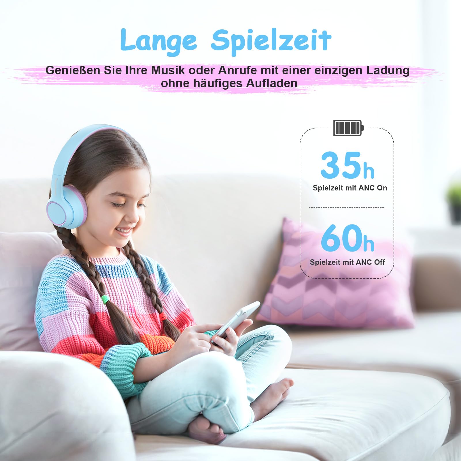 TONOSHARK Kinderkopfhörer Bluetooth | Bluetooth Kopfhörer Kinder | Noise Cancelling Kopfhoerer Kinder | Over-Ear | Kabellos | Mit Mikrofon | 60h Spielzeit - Für Schule/Reisen,Inkl. Tragetasche (Lila)