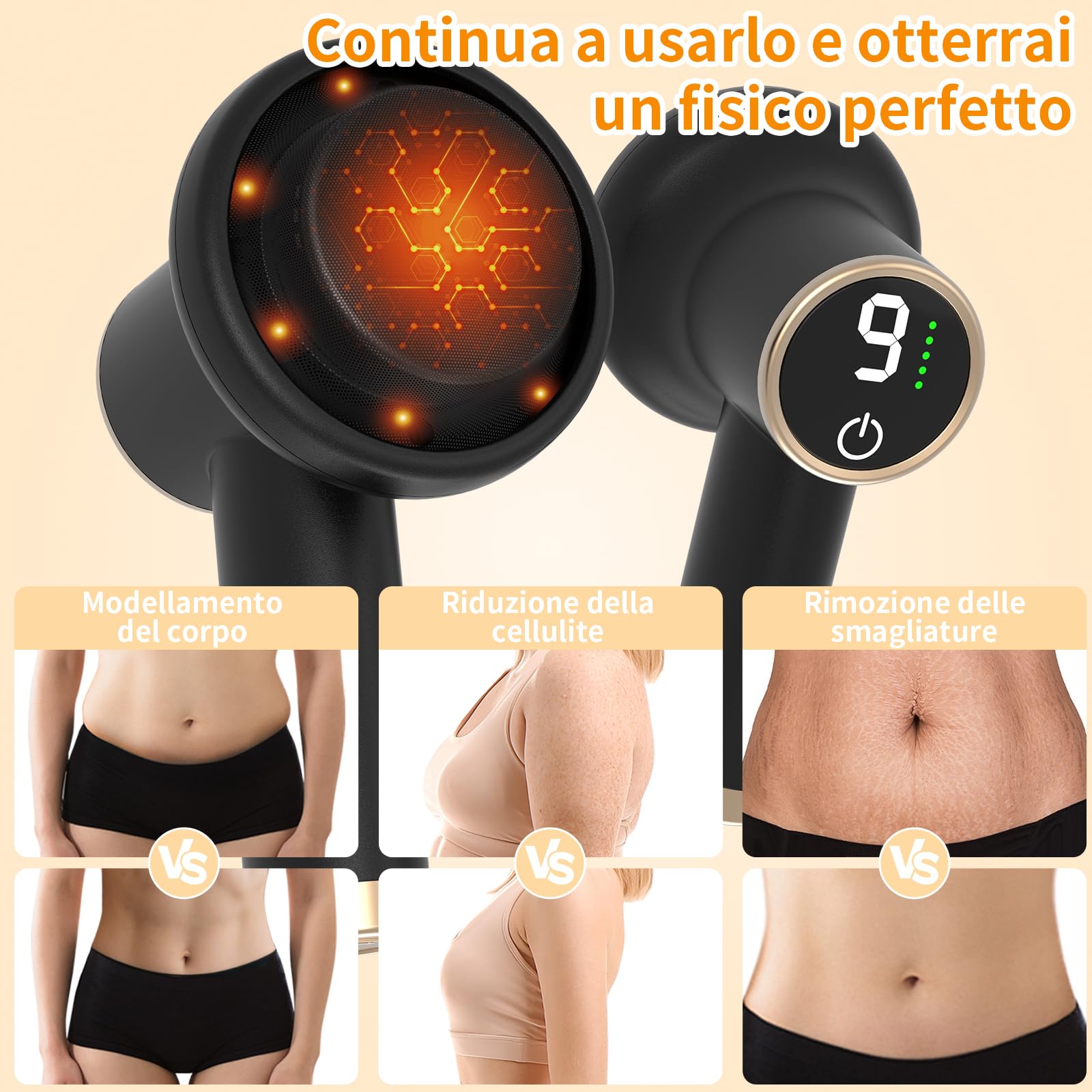 Massaggiatore Elettrico Anti-cellulite Senza Fili Nero, 9 Velocità e 8 Testine, Apparecchio Snellente Avanzato per Corpo e Braccia